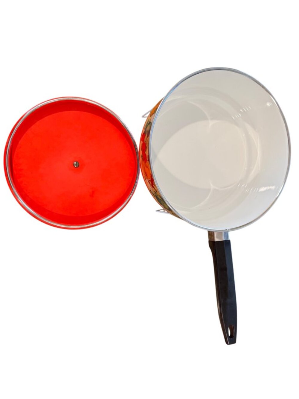 Fancipan Enamel Saucepan Lid Red Vegetable Design Metal Handle Kitchen Decor Vtg - Picture 5 of 16